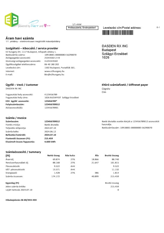 Hungary E2 business utility bill template in Word and PDF formats